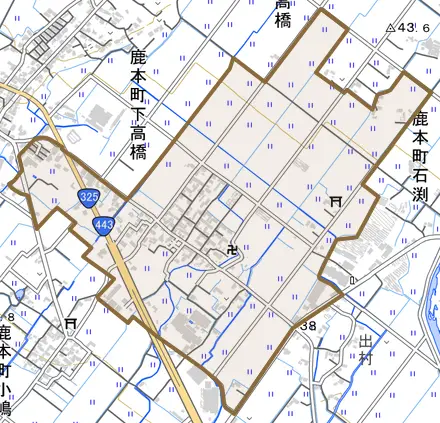 鹿本町下高橋とその周辺の地図。町の範囲を重ねている