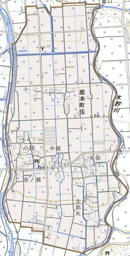 鹿本町庄とその周辺の地図。町の範囲を重ねている