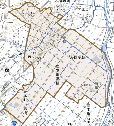 鹿本町高橋とその周辺の地図。町の範囲を重ねている