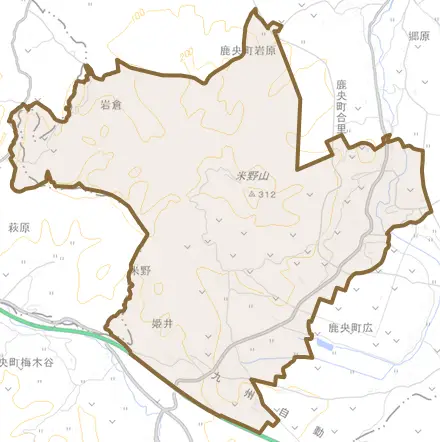 鹿央町合里とその周辺の地図。町の範囲を重ねている