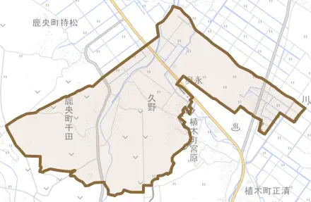 鹿央町千田とその周辺の地図。町の範囲を重ねている