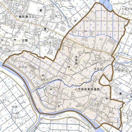 方保田とその周辺の地図。町の範囲を重ねている