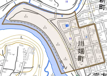 川端町とその周辺の地図。町の範囲を重ねている