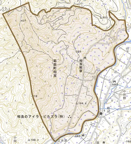 菊鹿町相良とその周辺の地図。町の範囲を重ねている