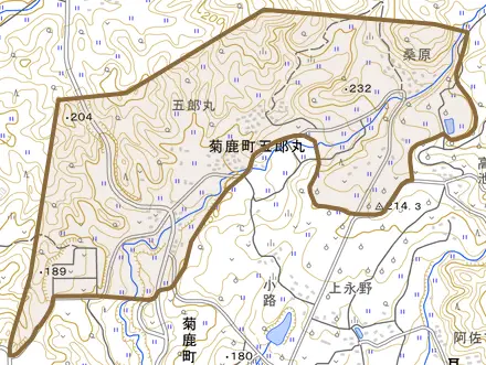 菊鹿町五郎丸とその周辺の地図。町の範囲を重ねている