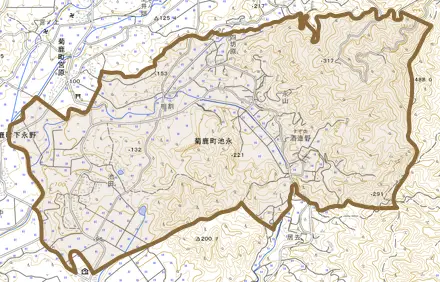 菊鹿町池永とその周辺の地図。町の範囲を重ねている