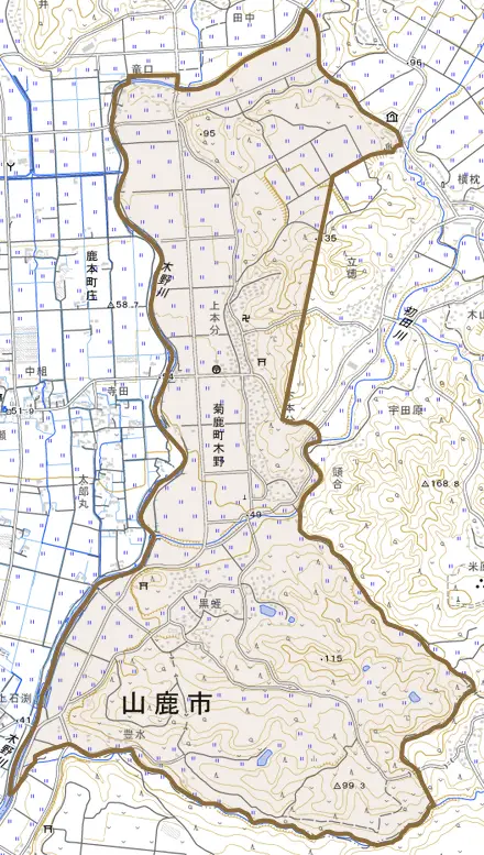 菊鹿町木野とその周辺の地図。町の範囲を重ねている