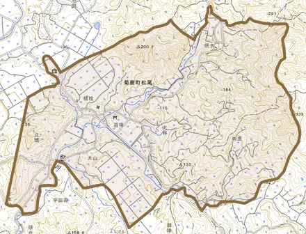 菊鹿町松尾とその周辺の地図。町の範囲を重ねている