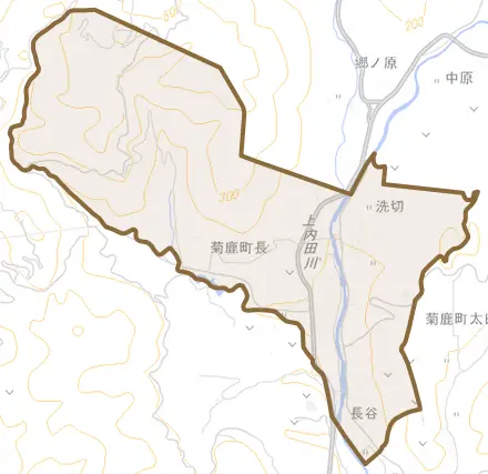菊鹿町長とその周辺の地図。町の範囲を重ねている