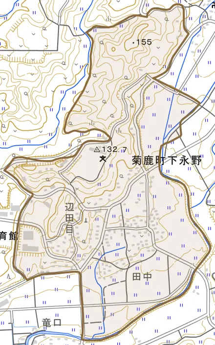 菊鹿町下永野とその周辺の地図。町の範囲を重ねている