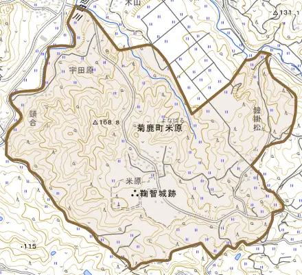 菊鹿町米原とその周辺の地図。町の範囲を重ねている