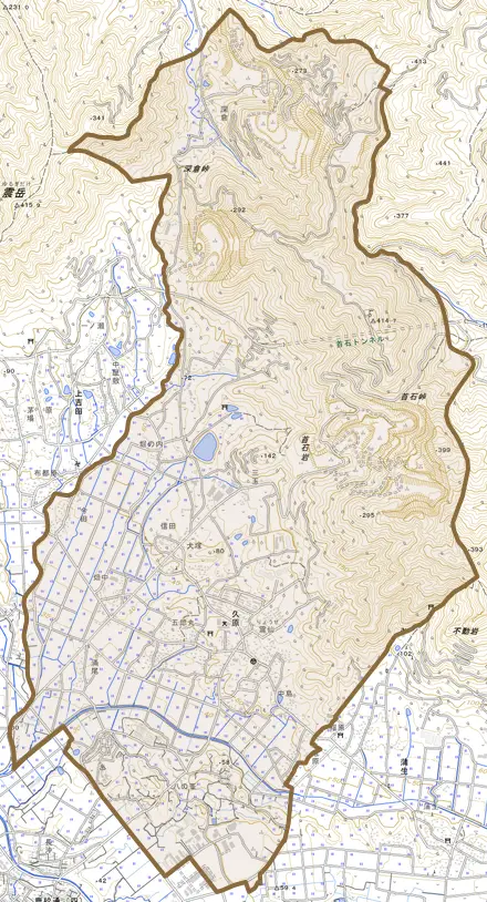久原とその周辺の地図。町の範囲を重ねている