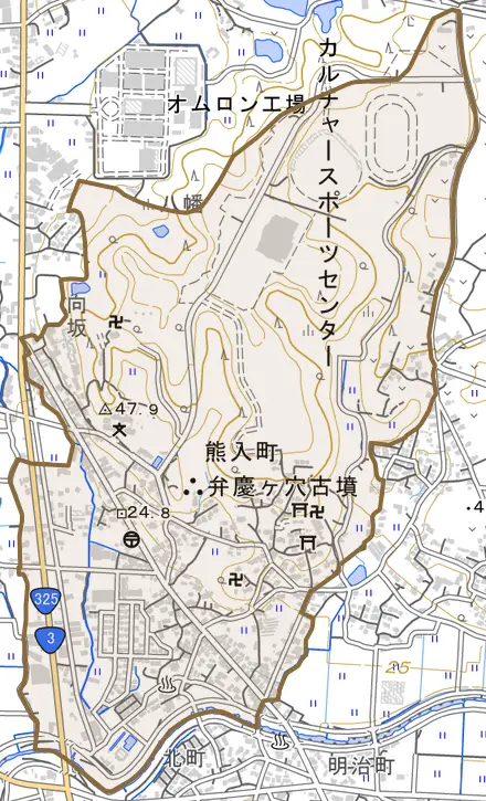 熊入町とその周辺の地図。町の範囲を重ねている
