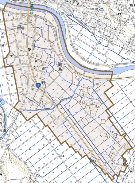 南島とその周辺の地図。町の範囲を重ねている
