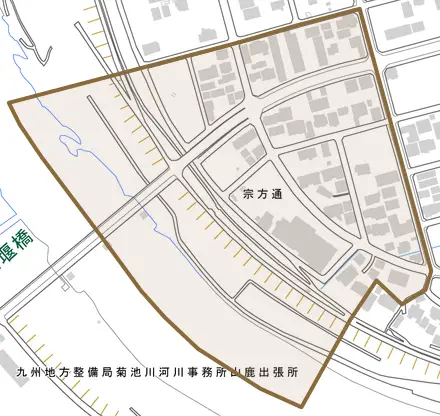 宗方通とその周辺の地図。町の範囲を重ねている