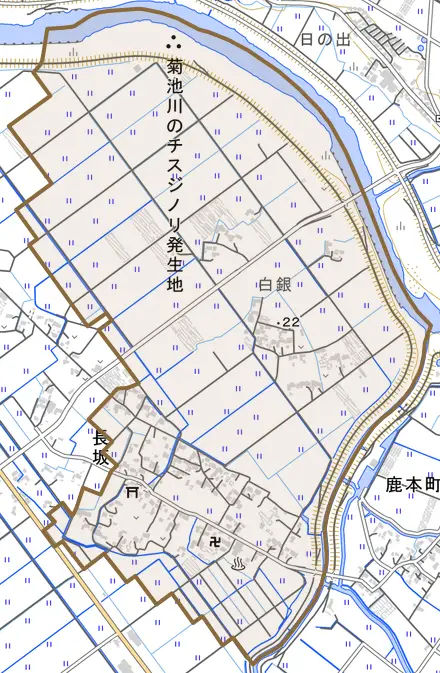 長坂とその周辺の地図。町の範囲を重ねている