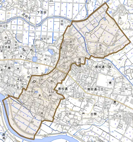 中とその周辺の地図。町の範囲を重ねている