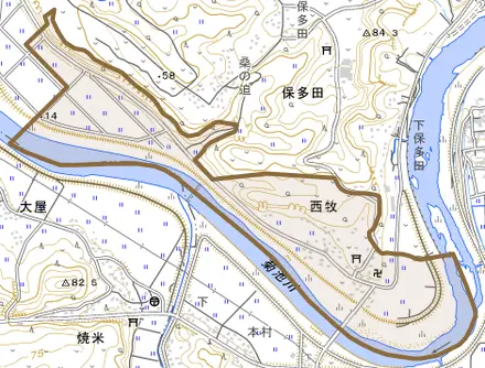 西牧とその周辺の地図。町の範囲を重ねている