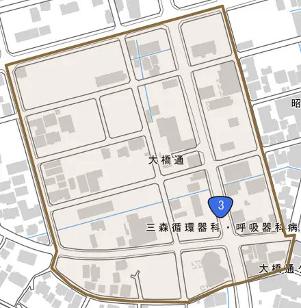 大橋通とその周辺の地図。町の範囲を重ねている