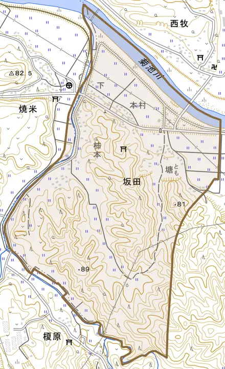 坂田とその周辺の地図。町の範囲を重ねている