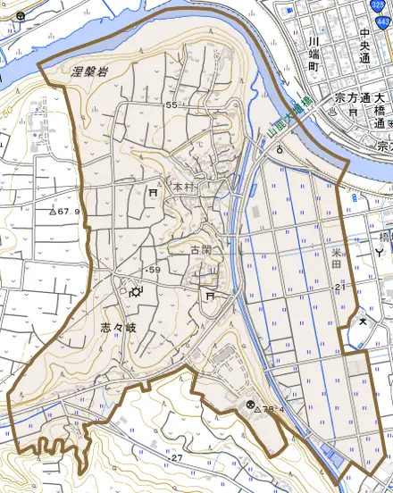志々岐とその周辺の地図。町の範囲を重ねている