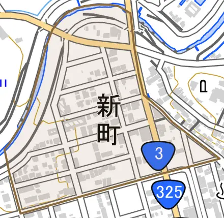 新町とその周辺の地図。町の範囲を重ねている