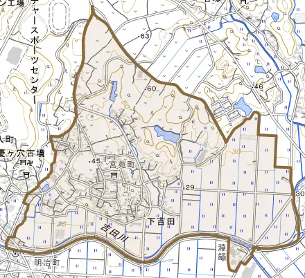 下吉田とその周辺の地図。町の範囲を重ねている