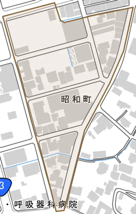 昭和町とその周辺の地図。町の範囲を重ねている