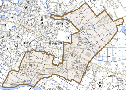 古閑とその周辺の地図。町の範囲を重ねている