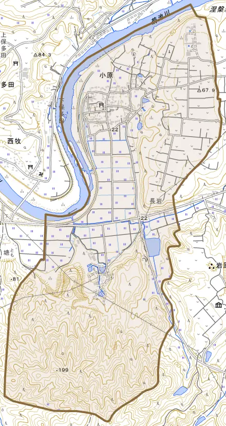 小原とその周辺の地図。町の範囲を重ねている