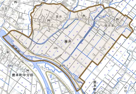 藤井とその周辺の地図。町の範囲を重ねている
