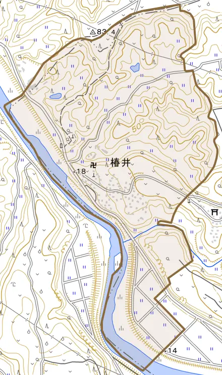 椿井とその周辺の地図。町の範囲を重ねている