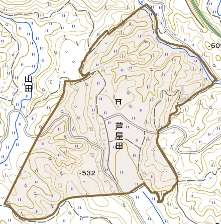 芦屋田とその周辺の地図。町の範囲を重ねている