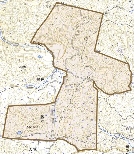 藤木とその周辺の地図。町の範囲を重ねている