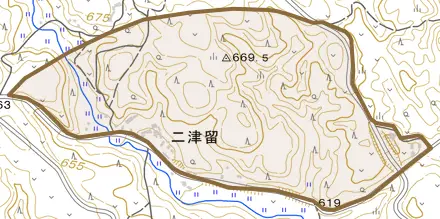 二津留とその周辺の地図。町の範囲を重ねている