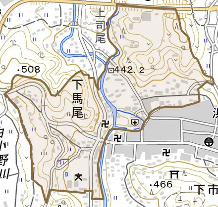 下馬尾とその周辺の地図。町の範囲を重ねている