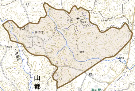 八木とその周辺の地図。町の範囲を重ねている
