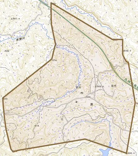 原とその周辺の地図。町の範囲を重ねている