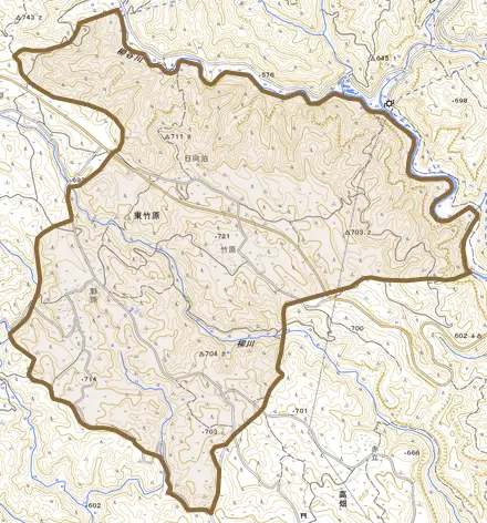 東竹原とその周辺の地図。町の範囲を重ねている