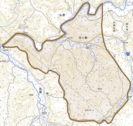 方ケ野とその周辺の地図。町の範囲を重ねている