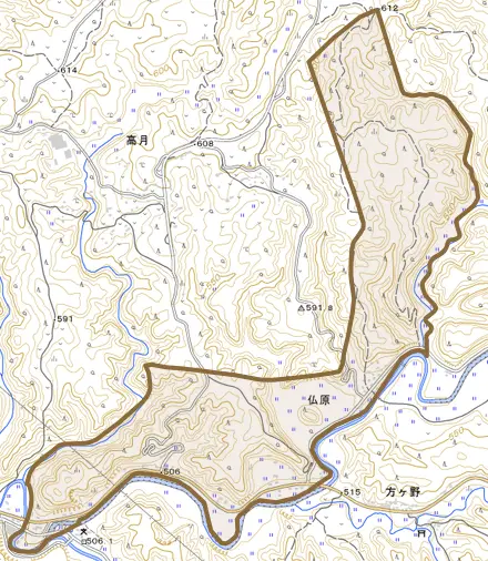 仏原とその周辺の地図。町の範囲を重ねている