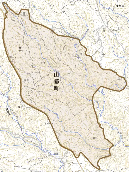 伊勢とその周辺の地図。町の範囲を重ねている