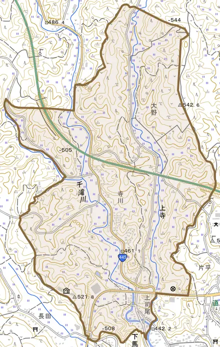 上寺とその周辺の地図。町の範囲を重ねている