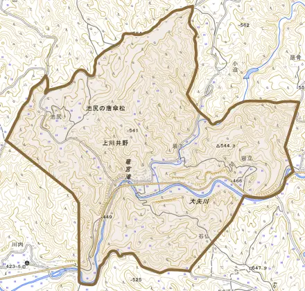 上川井野とその周辺の地図。町の範囲を重ねている