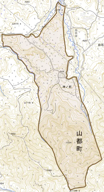 神ノ前とその周辺の地図。町の範囲を重ねている