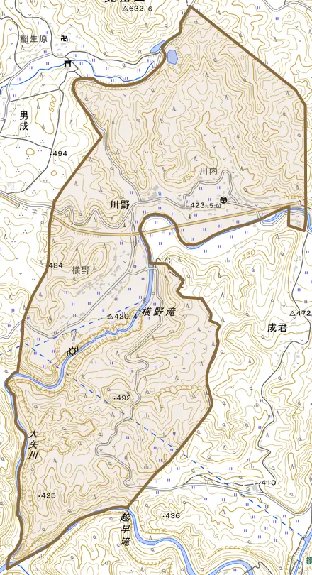 川野とその周辺の地図。町の範囲を重ねている