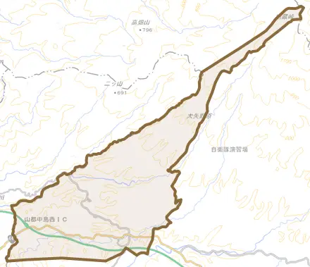 北中島とその周辺の地図。町の範囲を重ねている