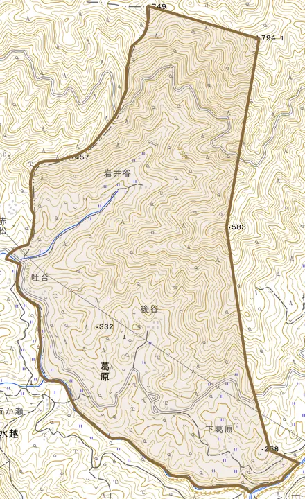 葛原とその周辺の地図。町の範囲を重ねている