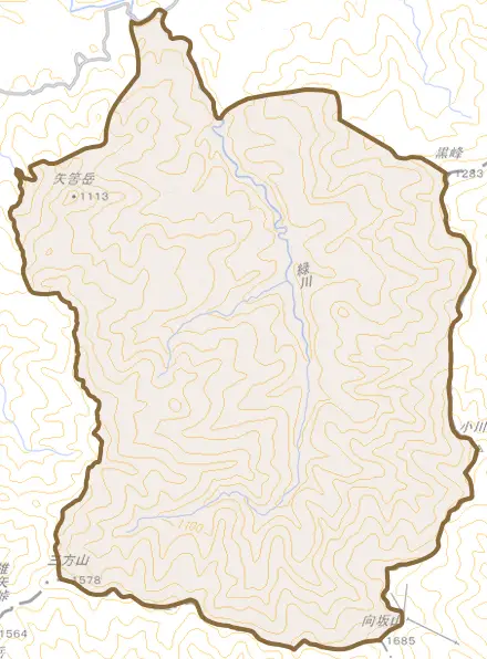 緑川とその周辺の地図。町の範囲を重ねている