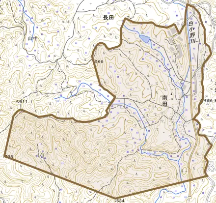 南田とその周辺の地図。町の範囲を重ねている